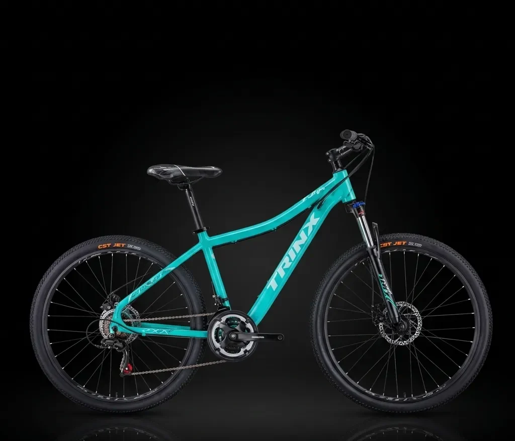 Trinx N106 Mountain Bike in White and Purple with Shimano 27-speed gears, disc brakes, and lock-out suspension fork. Trinx N106 Mountain Bike in White and Purple with Shimano 27-speed gears, disc brakes, and lock-out suspension fork.